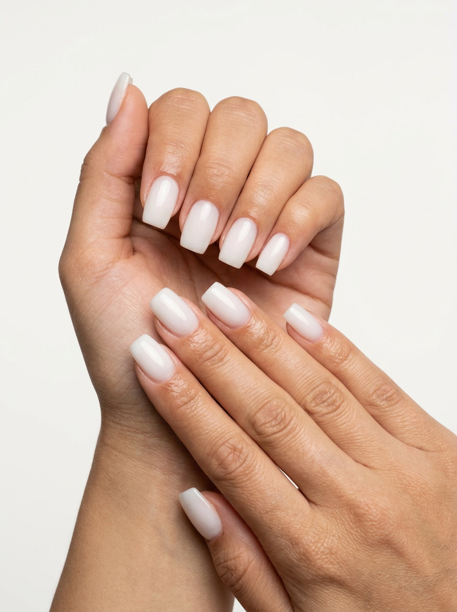 June Manicure Ideas 2026: Milky White Builder Gel Milky White Builder Gel Overlay nails: opaque milky white with clean girl aesthetic, perfect for work and casual wear in June 2026.