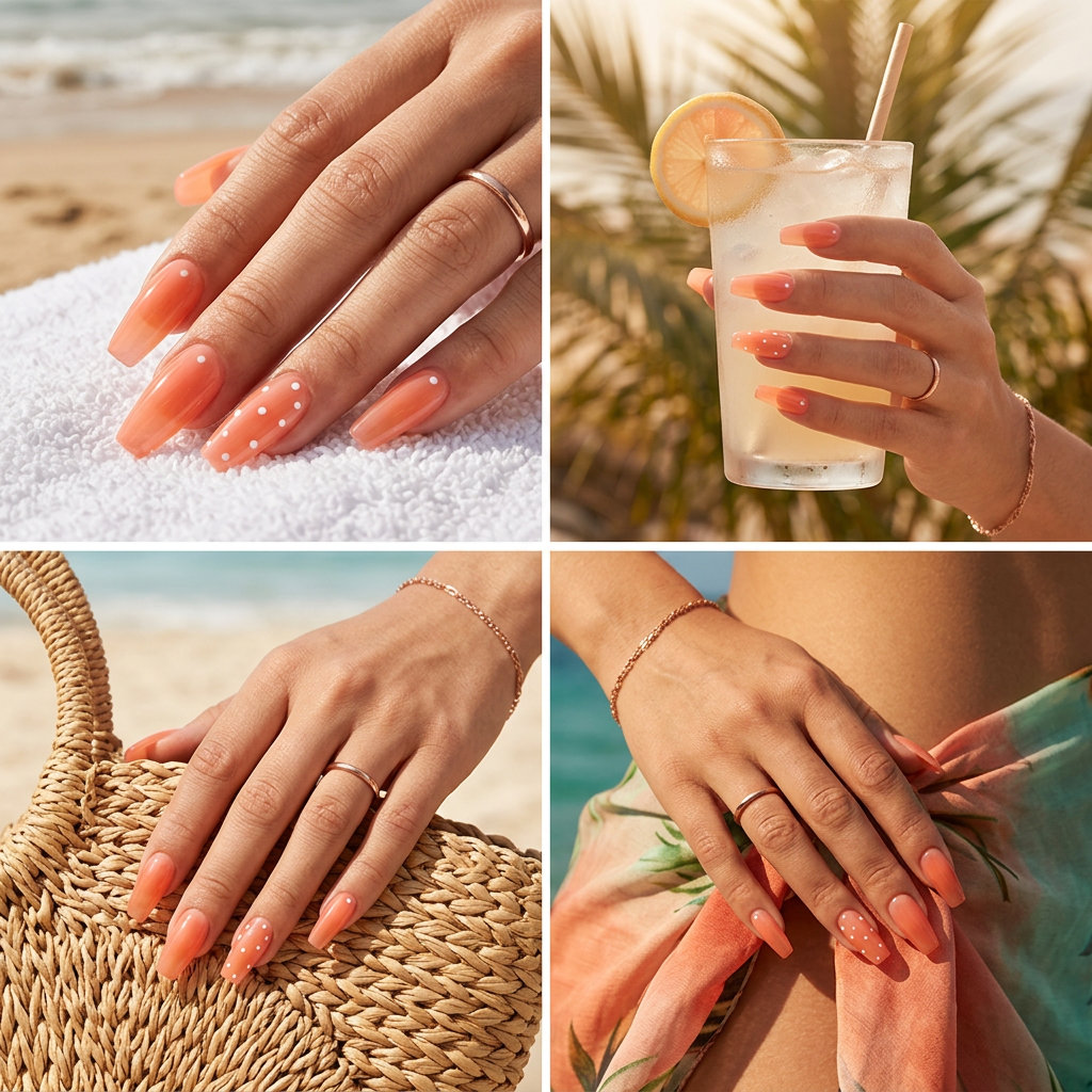June Manicure Ideas 2026: Peach Jelly Dot Coffin Nails Juicy Peach Jelly Dot Coffin nails: June manicure ideas 2026, playful translucent peach with white dots for vacation.