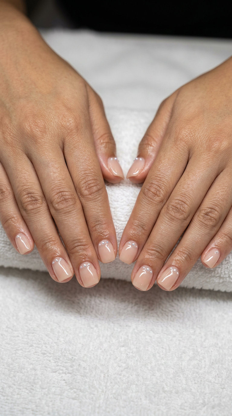 June Manicure Ideas 2026: Pearl Nude Elegance Understated Pearl Elegance Nude nails: sheer nude with iridescent pearls, sophisticated for weddings in June 2026.