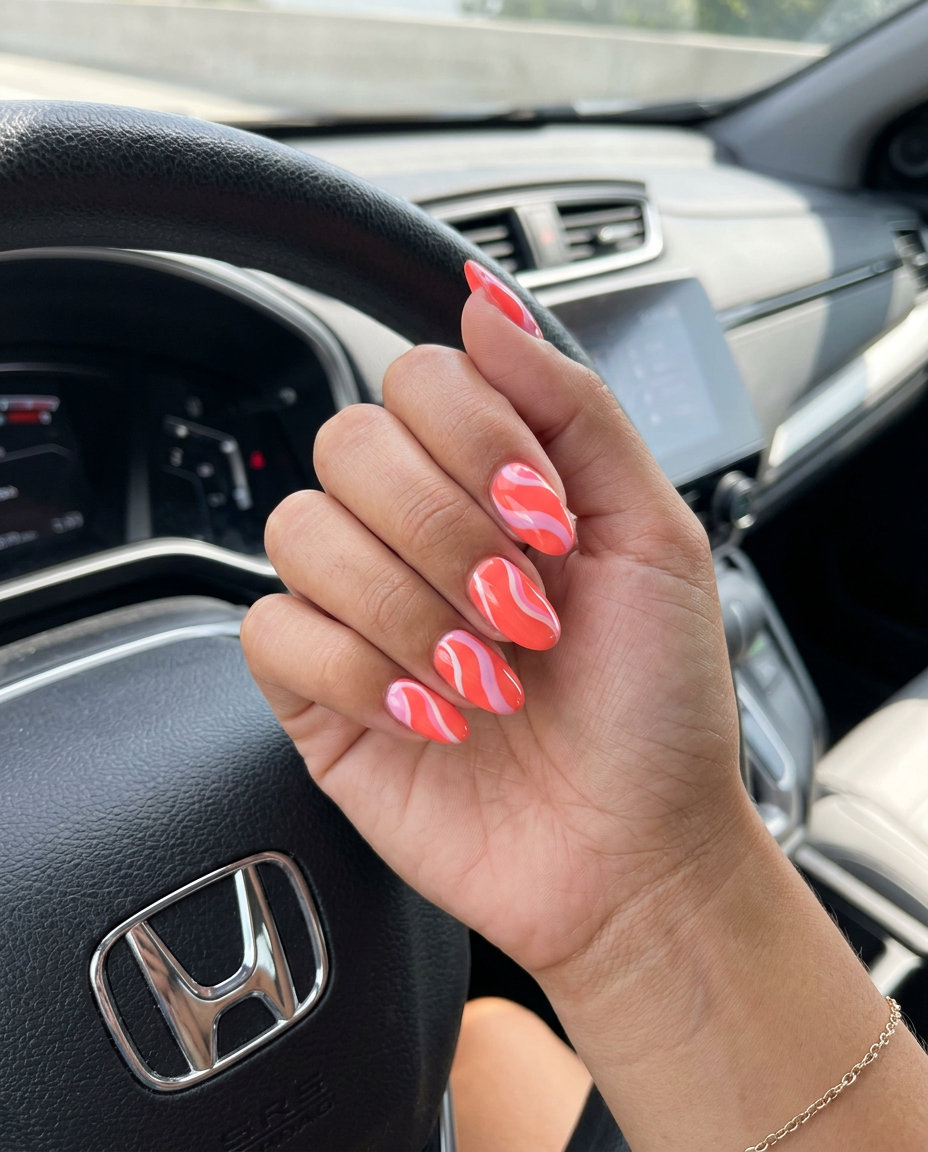 Summer Swirl Abstract Nails 2026 Summer Swirl Abstract nails in coral & pink for vacation, festivals, and casual fun.