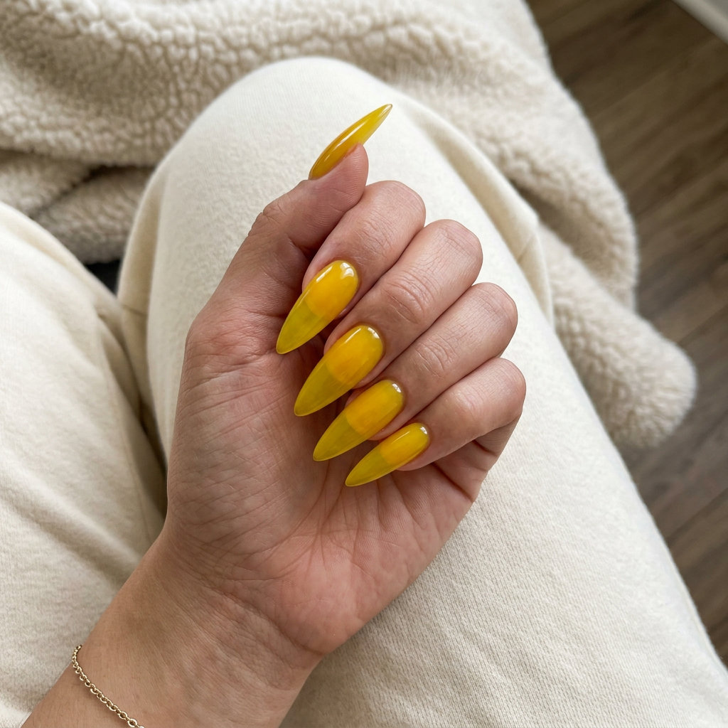 Sunny Jelly Stiletto Nails 2026 Sunny Jelly Stiletto nails in bright yellow for vacation, festivals, and parties.