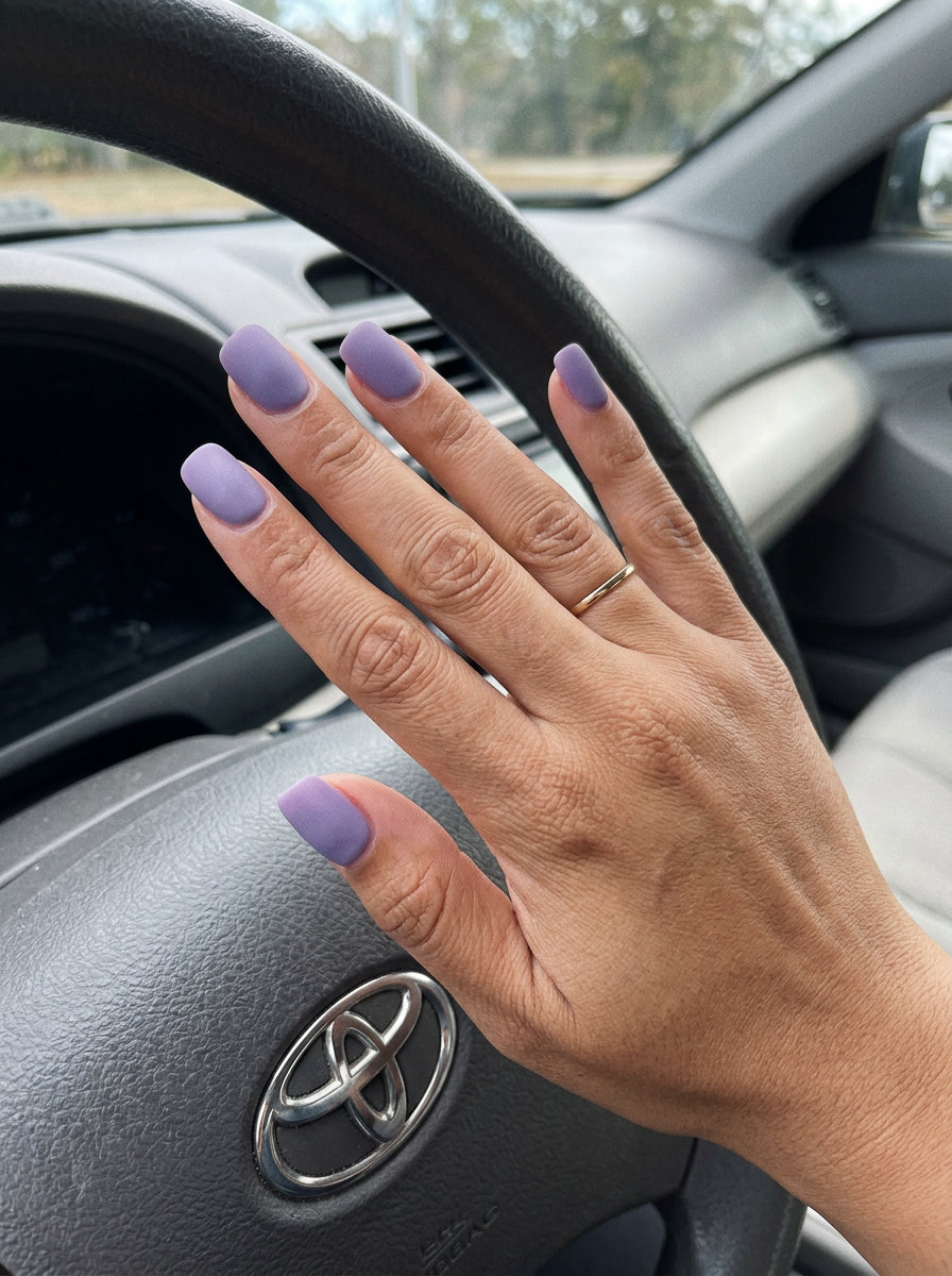 June Manicure Ideas 2026: Velvet Lavender Nails Velvet Dream Lavender Squoval nails: opaque lavender gel polish with velvet matte finish, perfect for casual outings in June 2026.