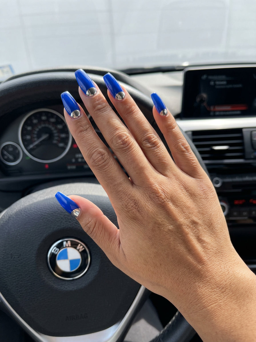 Cobalt Blue Chrome Half Moon Nails 2026 Cobalt Blue Chrome Half Moon nails: Futuristic, edgy party look with metallic accent. Summer trends 2026.