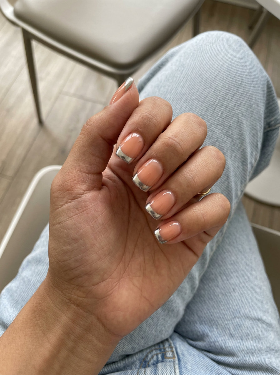 Peach Metallic Sunrise Tip Nails 2026 | Chic Summer Style Sheer Peach Metallic Sunrise Tip nails. June manicure ideas - summer trends 2026 for sophisticated daily wear.