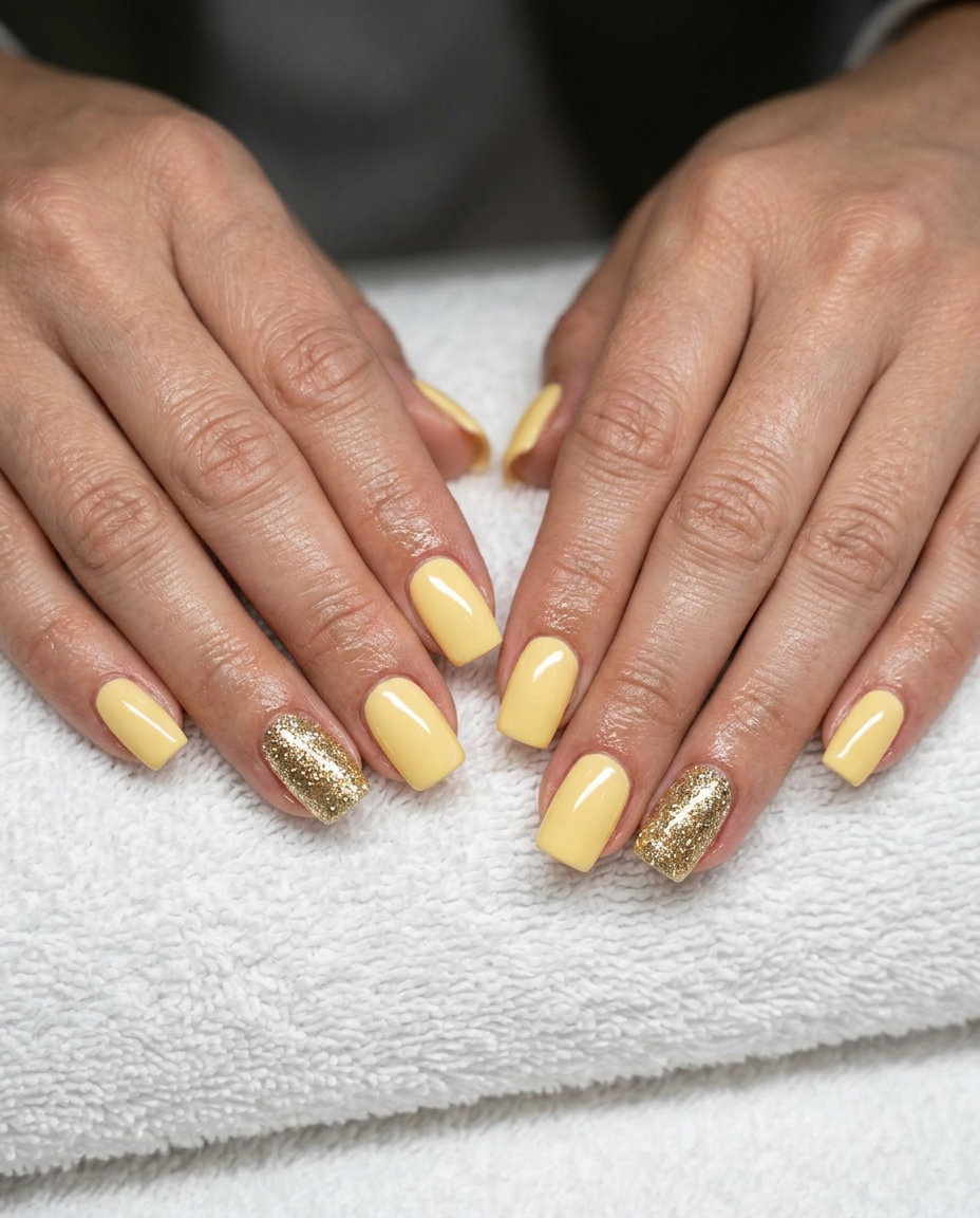 Butter Yellow Glitter Accent Nails | June Manicure Ideas 2026 Butter yellow glitter accent nails: sparkly June manicure ideas for summer trends 2026.