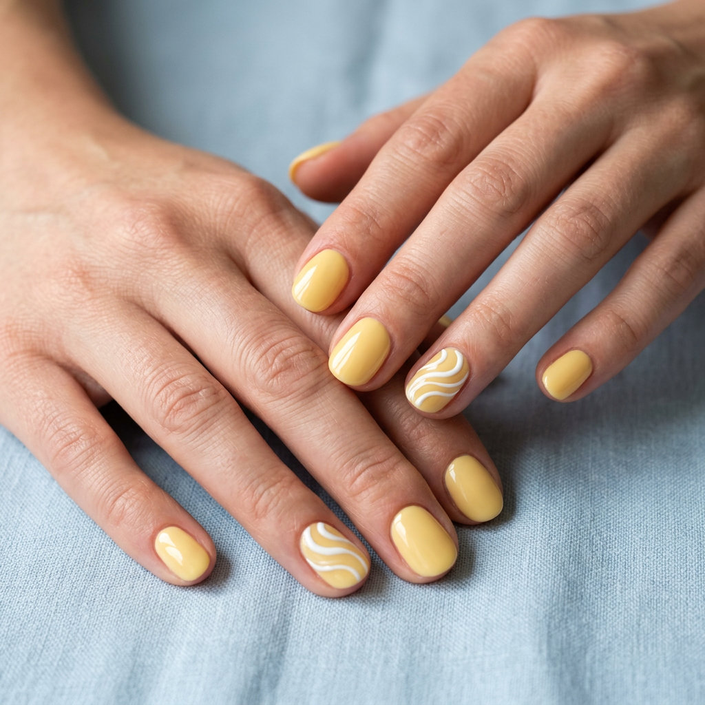 Butter Yellow Glossy Swirl Nails | June Manicure Ideas 2026 Butter yellow glossy swirl nails: playful June manicure ideas for summer trends 2026.