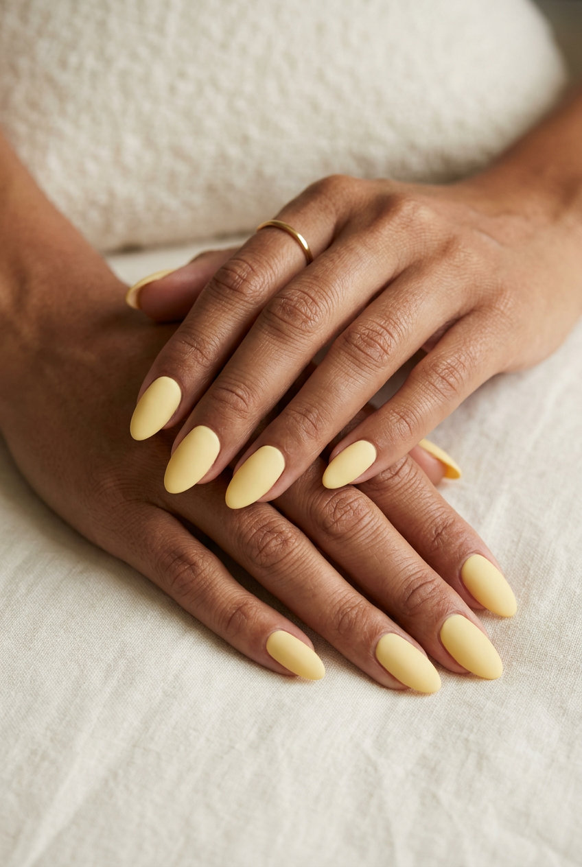 Butter Yellow Creamy Matte nails for brunch and casual summer days. June nails color ideas - summer trends 2026.
