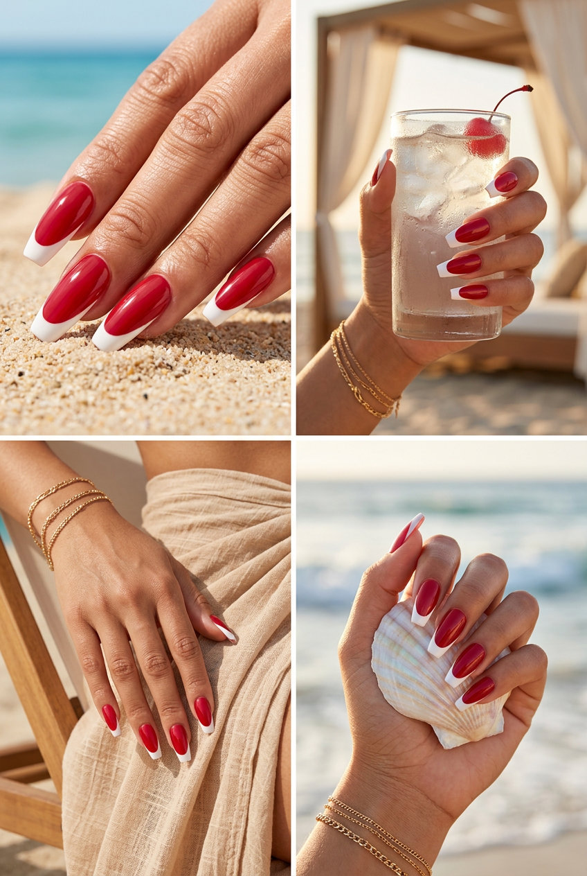 Cherry Red Glossy French Flare nails: classic cherry red French tip for date night in summer trends 2026.