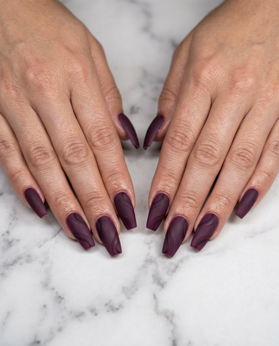 Deep Plum Velvet Swirls nails: luxurious deep plum with abstract swirls for evening events in summer trends 2026.