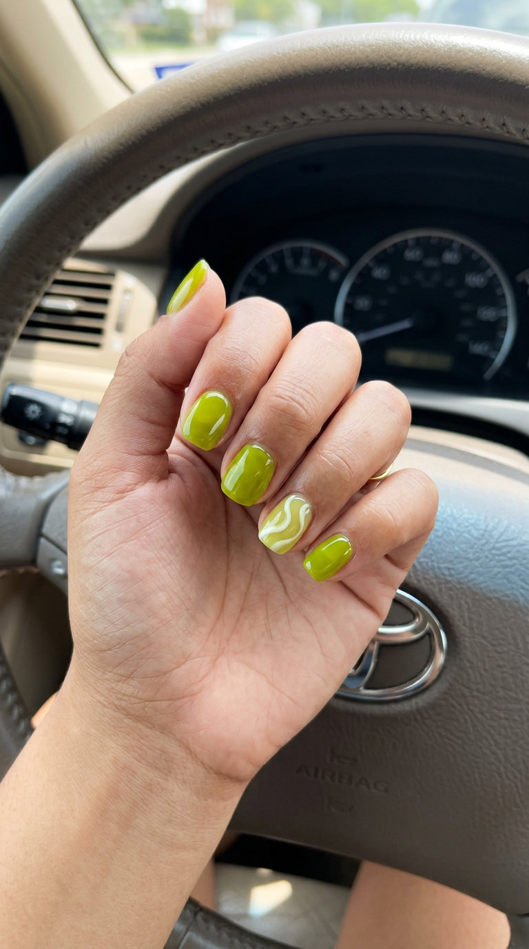 Lime Green Jelly Accent Swirls nails for summer festivals and parties. June nails color ideas - summer trends 2026.