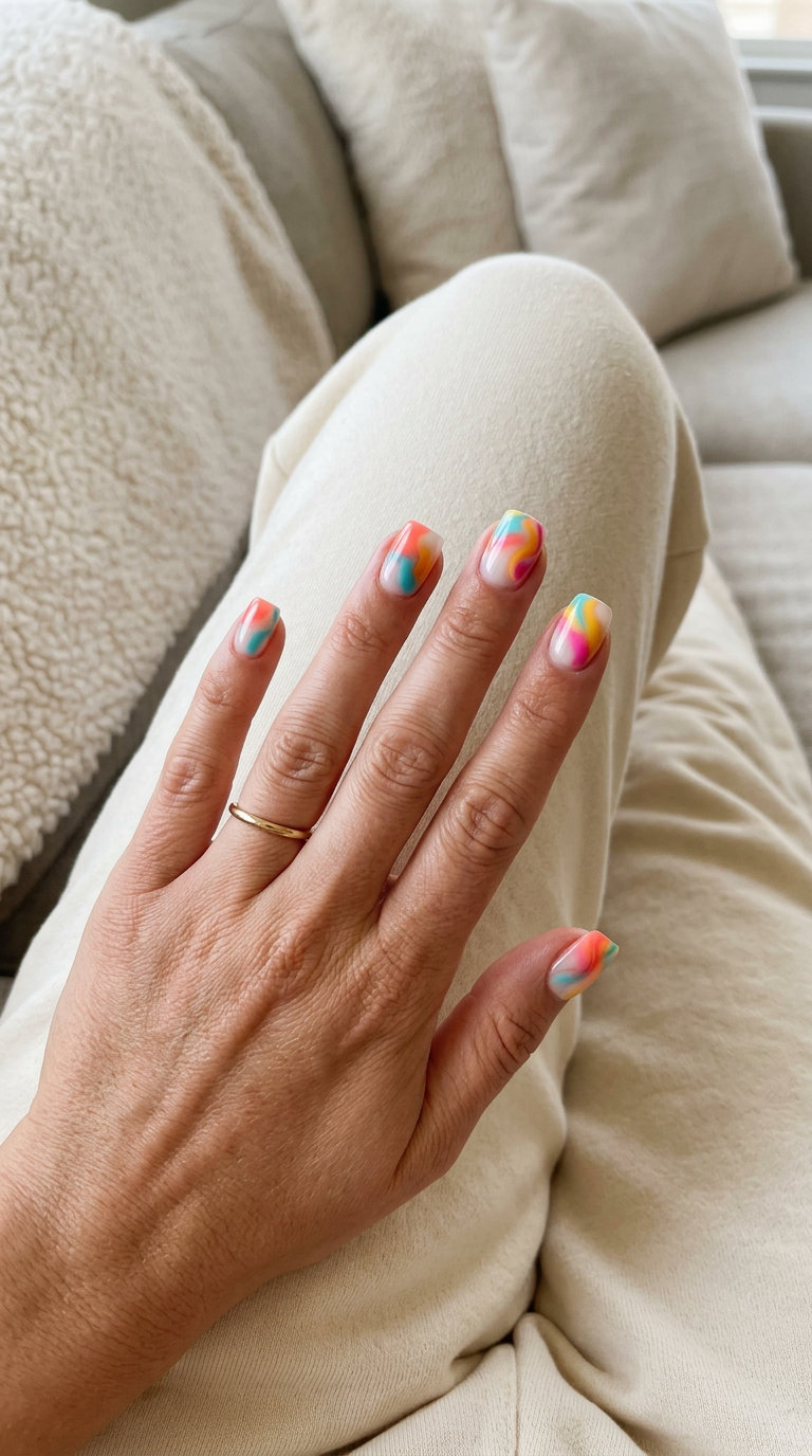 Multicolor Summer Abstract Swirls nails: artistic mix of brights for festivals in summer trends 2026.