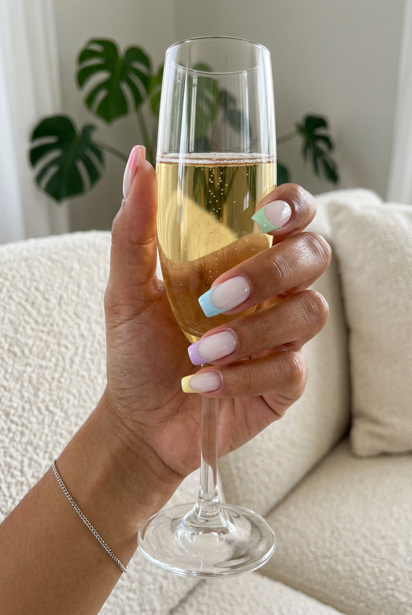 Multicolor Pastel French Tips nails for summer parties and festivals. June nails color ideas - summer trends 2026.