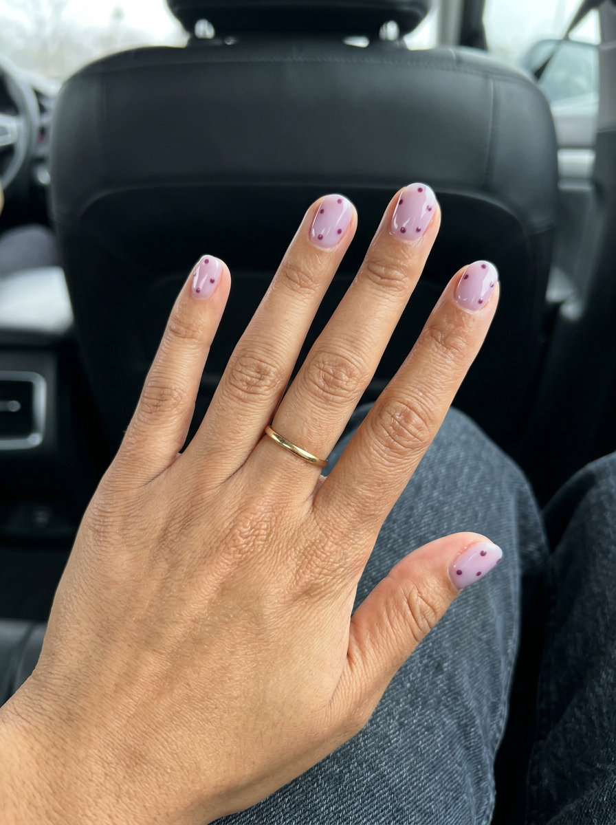Pastel Lavender Dream Dots nails: sweet milky lavender with plum dots for daily wear in summer trends 2026.