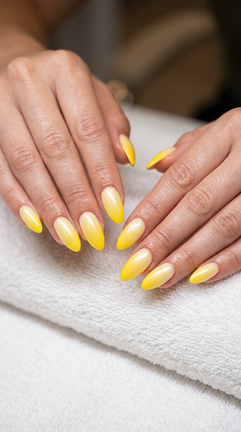 June nails color ideas: Sunburst yellow gradient coffin nails with pearlescent shell effect for summer trends 2026.