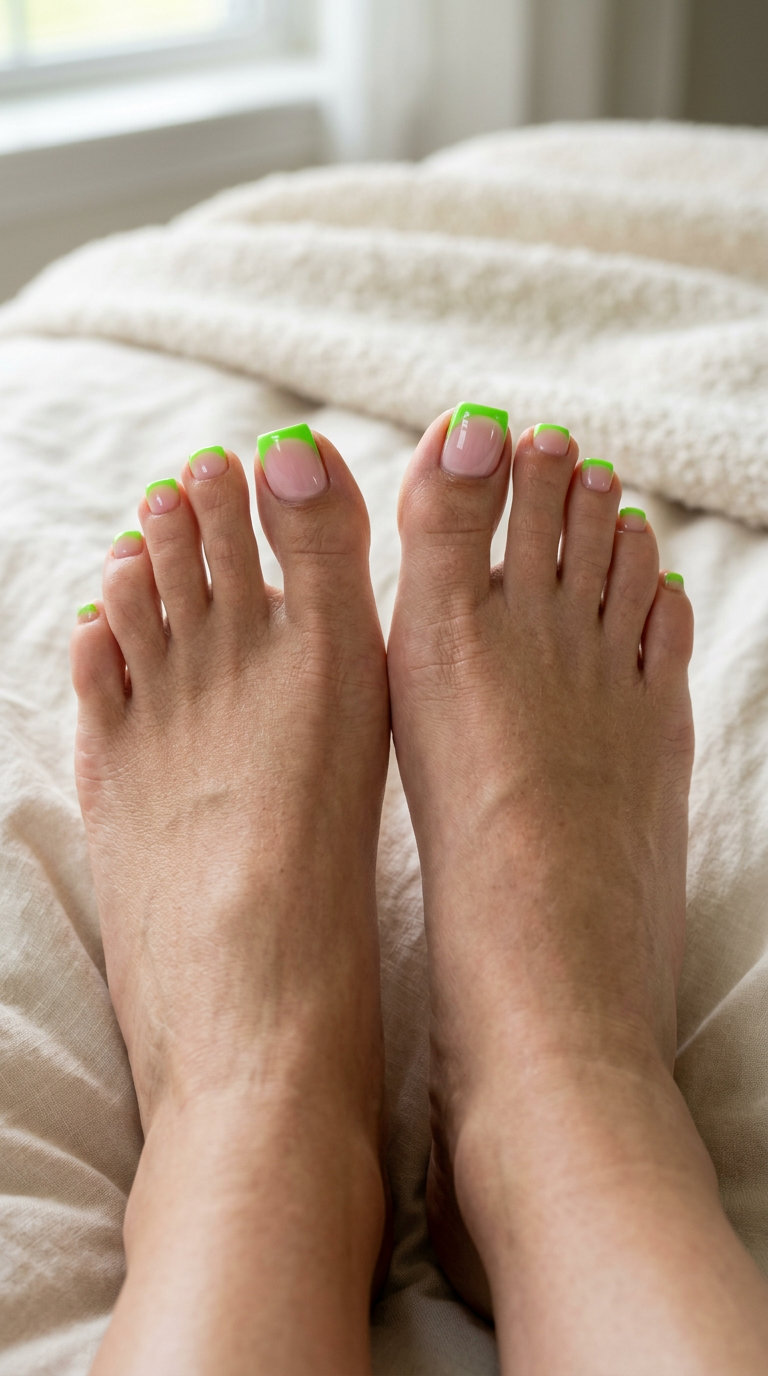 Electric lime French tip pedicure over sheer nude for summer trends 2026. June pedicure ideas.