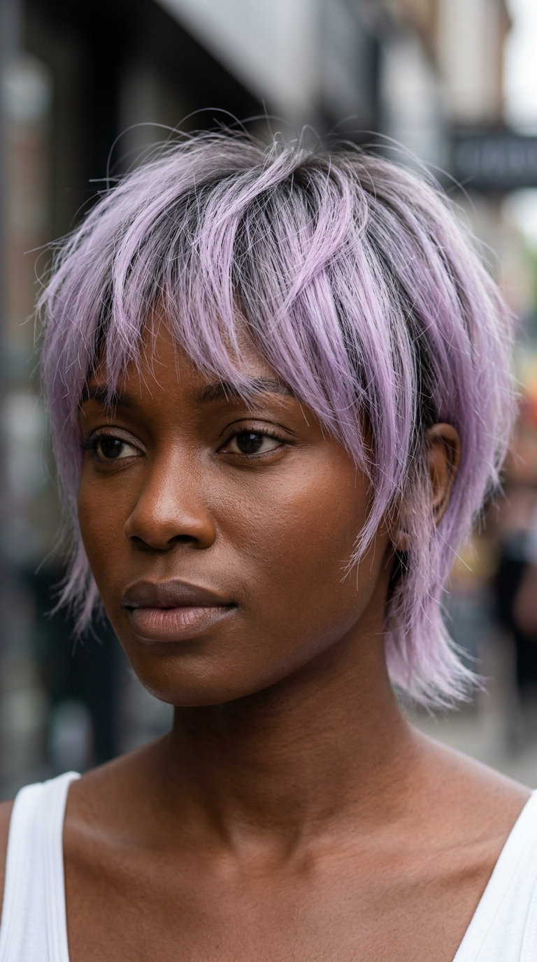 short choppy bixie haircut in charcoal to pastel lavender ombré, artistic layers, choppy fringe — whimsical festival