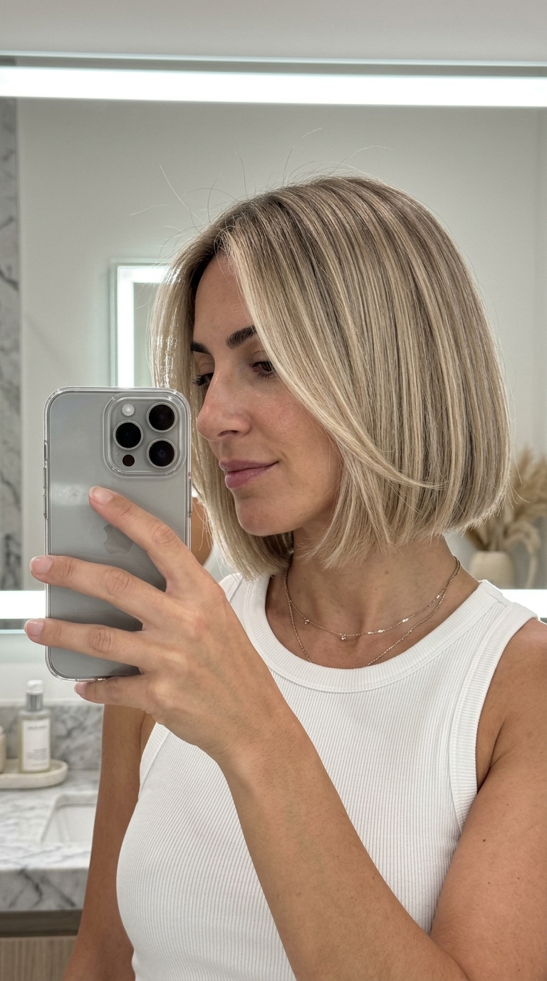 Linen Chic French Bob: Effortless Style chin-length french bob haircut in neutral linen blonde with creamy face-framing for chic look