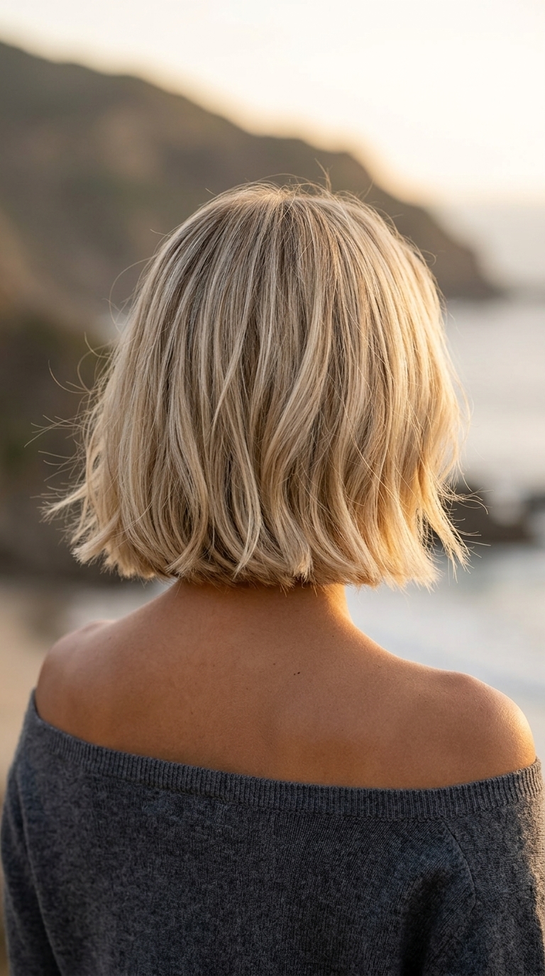 Riviera Linen Bob: Romantic Summer Hair chin-length italian bob haircut in linen blonde with creamy babylights for romantic look