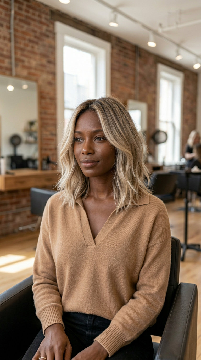 collarbone-length lob haircut in linen blonde with cool beige gloss for natural beachy waves