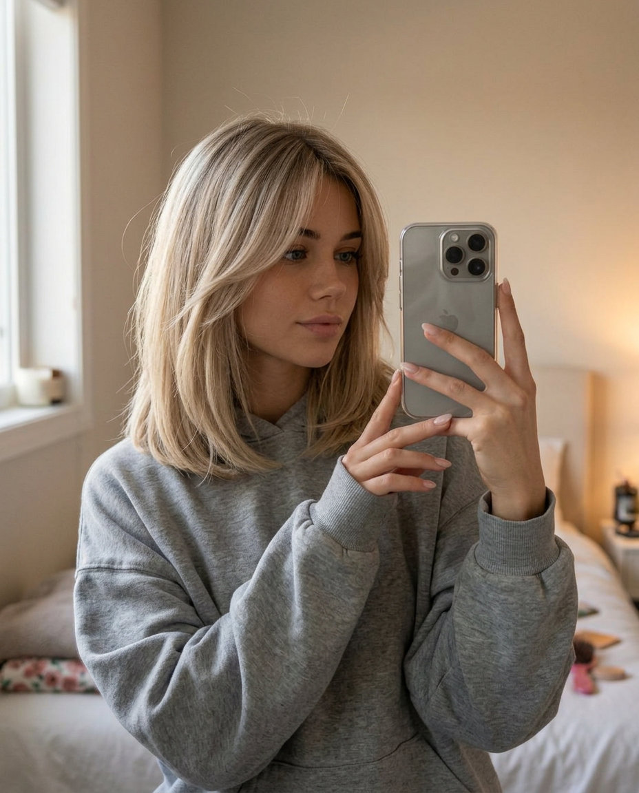 collarbone-length linen blonde lob with face-framing layers and curtain bangs for summer