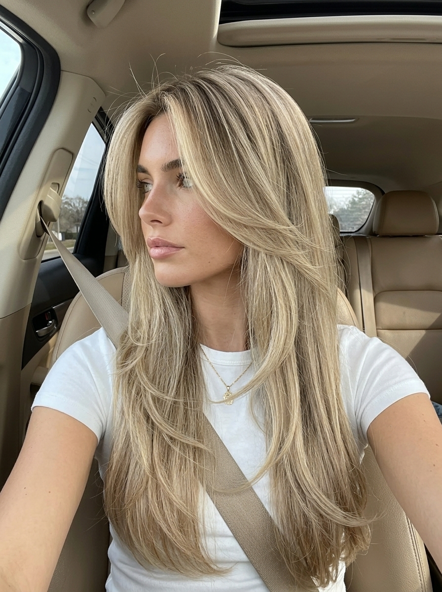 long linen blonde balayage with sandy beige tones, sweeping layers, no fringe — elegant & sophisticated