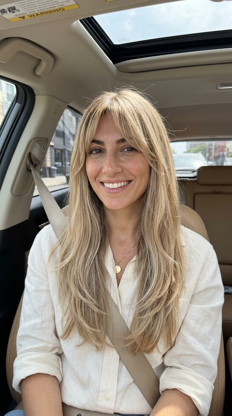 Riviera Tousle Birkin Bangs 2026 long flowing haircut in neutral linen blonde with beige lowlights and wispy Birkin bangs for bohemian style