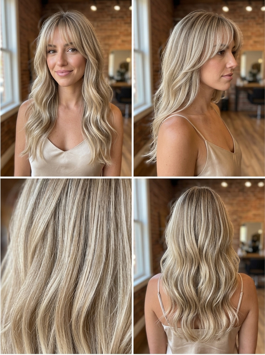 Birkin Bangs: Long Romantic Waves long layered haircut in neutral linen blonde with wispy birkin bangs for romantic look