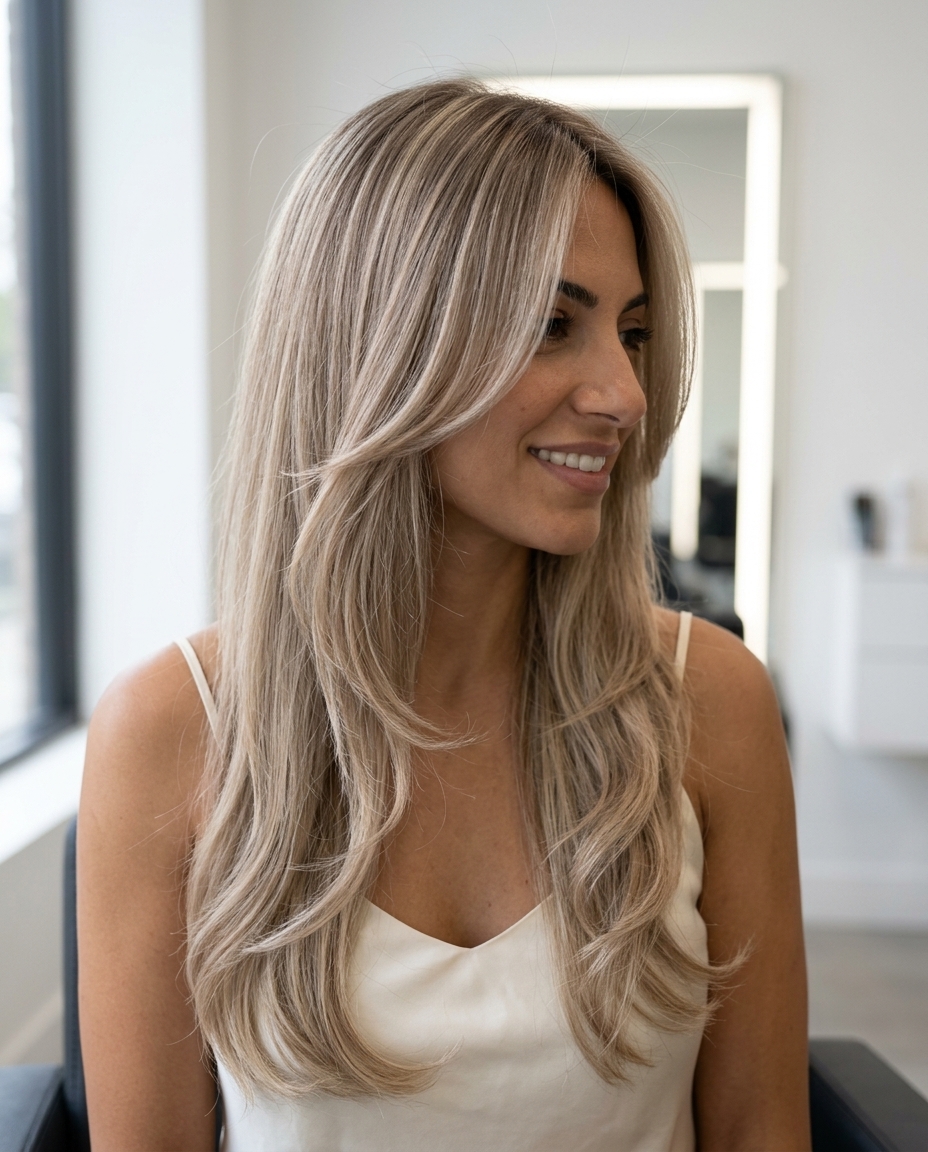 long layered hair with sandy blonde and cool beige tones, face-framing layers, U-cut back — sophisticated elegant look