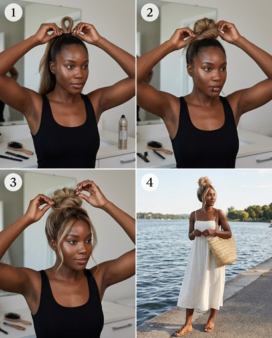 Linen Blonde Top Knot Updo 2026 long voluminous linen blonde top knot updo with beige gold tones, messy bun, no fringe — carefree