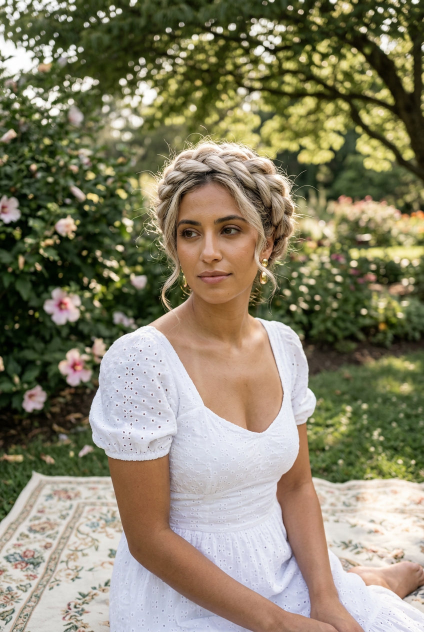 Linen Blonde Twisted Crown Updos for Summer 2026 long linen blonde hair in romantic twisted crown updos with ethereal effect
