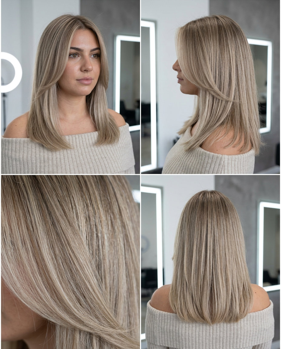 medium blunt cut linen blonde with sandy babylights, invisible internal layers, no fringe — elegant daily wear