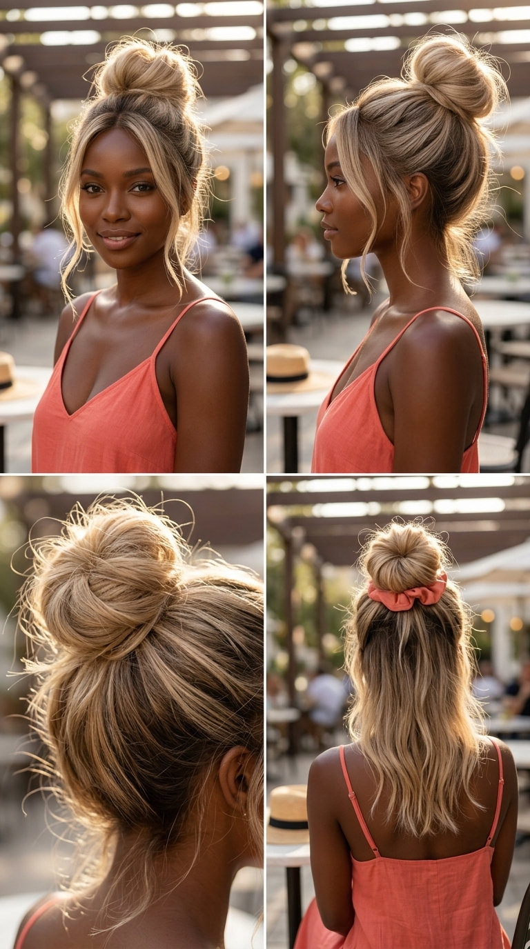 linen blonde tousled top knot with a loop bun and face-framing pieces for weekend