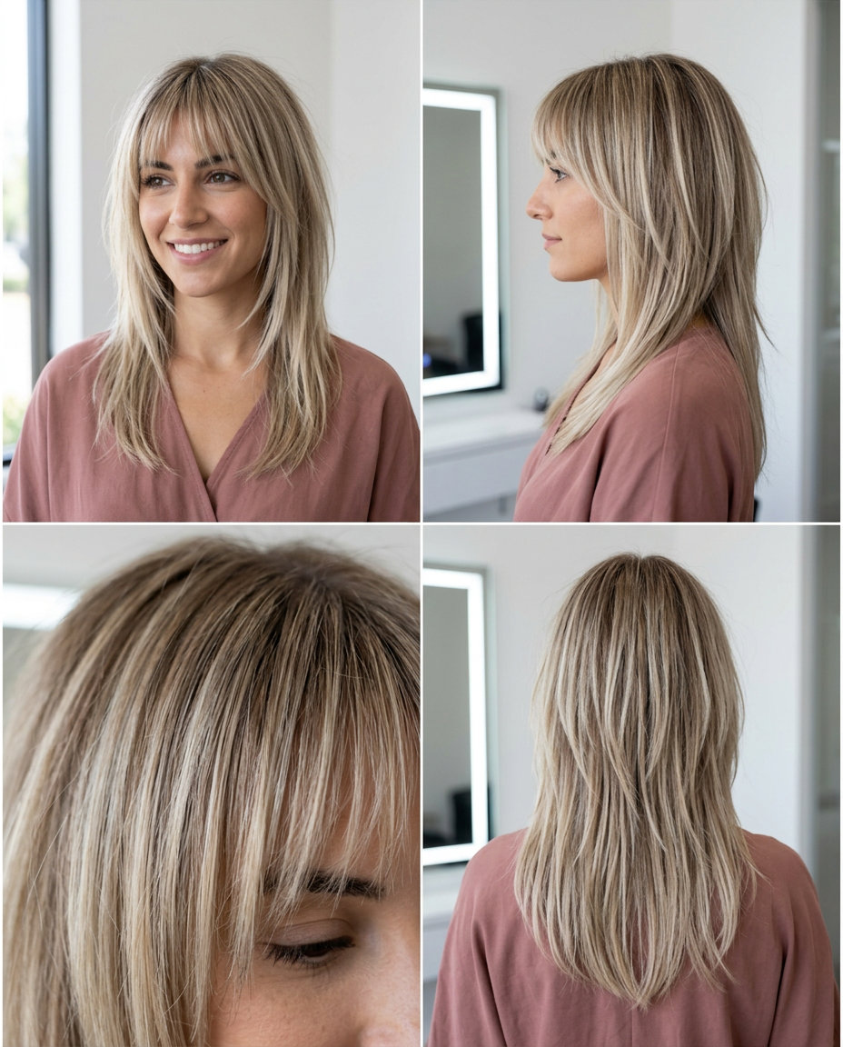 Piecey Y2K Layered Cut with Choppy Bangs 2026 medium-long linen blonde layered cut with choppy bangs for dynamic weekends
