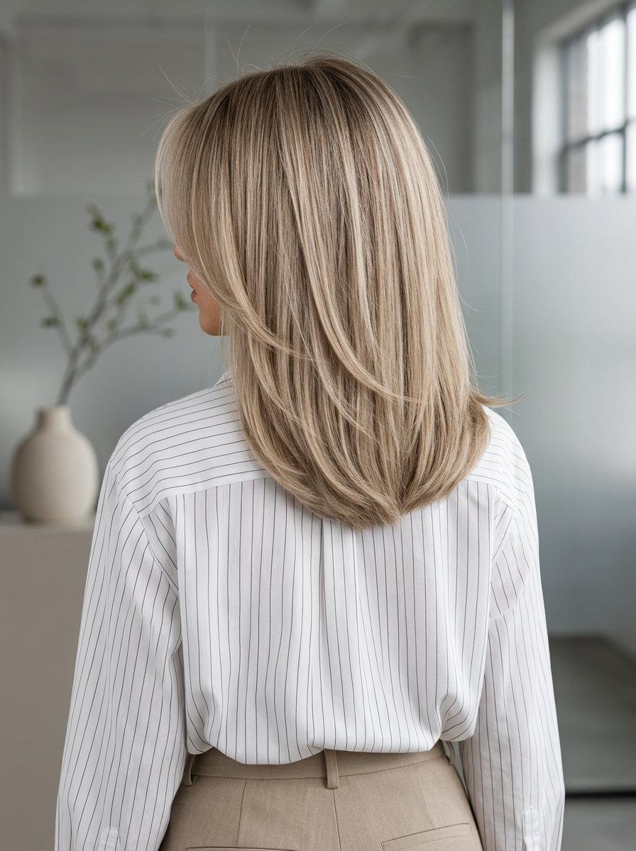 medium U-cut haircut with linen blonde & sandy lowlights, ghost layers, long face-framing — minimalist modern