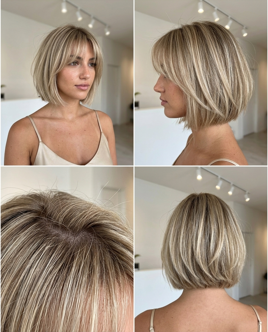 short razor bob haircut in linen blonde with babylights, diffused root, brow-grazing bangs — chic relaxed style
