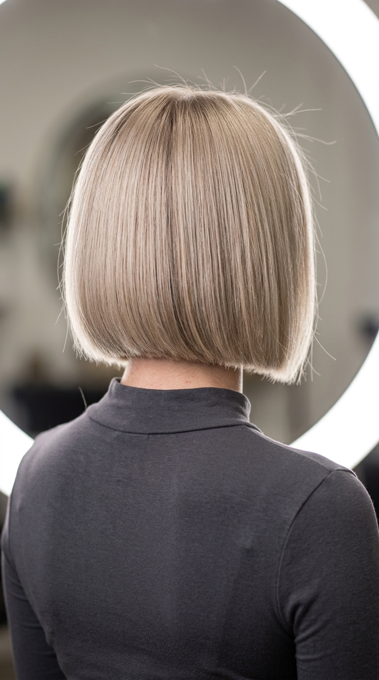 short razor bob haircut in linen blonde with cool beige and taupe dimension, laser-cut perimeter, no fringe — elegant minimalist