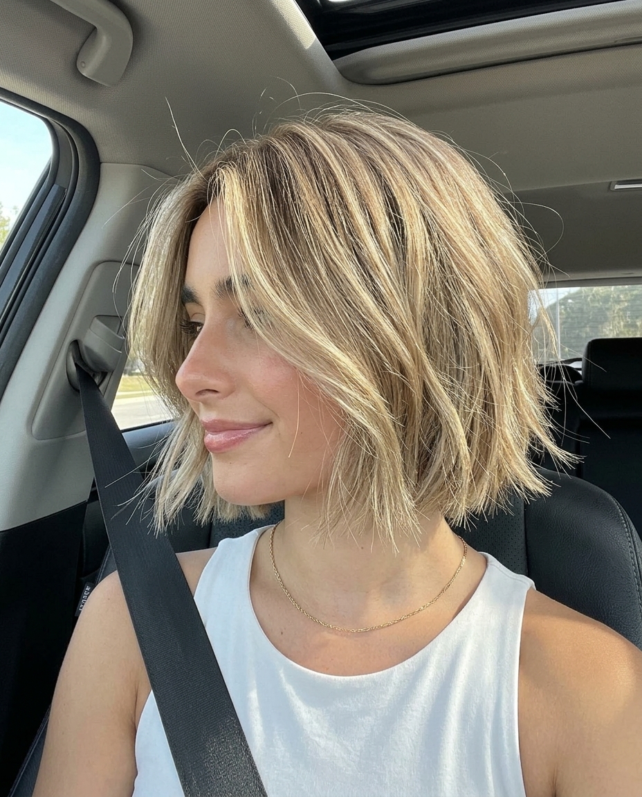 short razor bob haircut in linen blonde with taupe lowlights, piecey razored ends, soft off-center part — soft bohemian