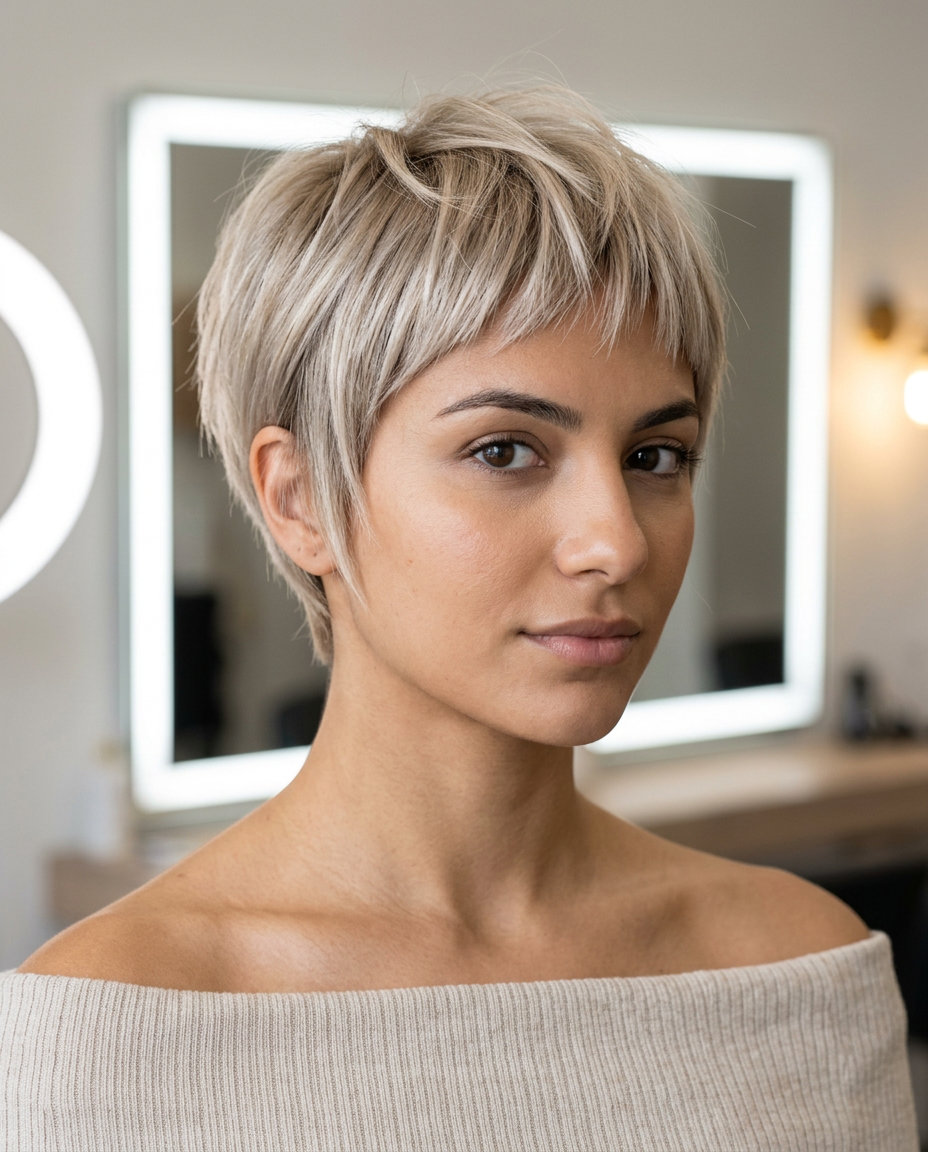 Edgy Platinum Pixie with Asymmetrical Bangs 2026 short pixie haircut with linen blonde, platinum babylights, and asymmetrical baby bangs for summer 2026