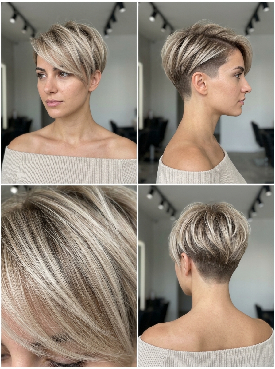 short linen blonde balayage pixie with cool beige tones and micro-balayage for modern look