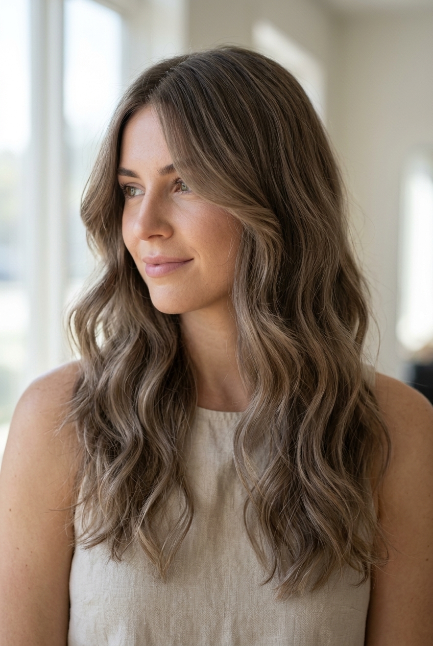linen brown shag haircut with ash babylights and curtain bangs for summer