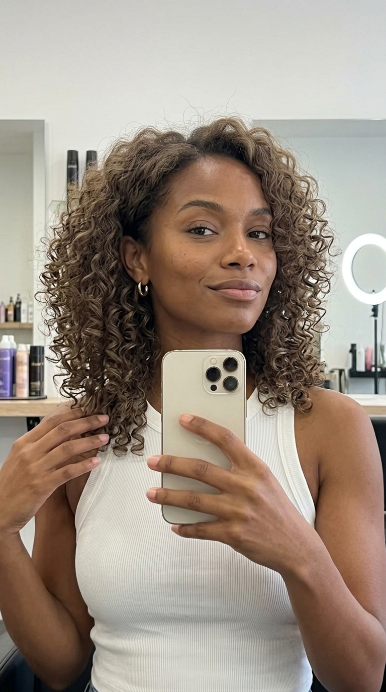 medium-length curly shag haircut in linen brown, internally layered, face-framing layers — sophisticated natural style