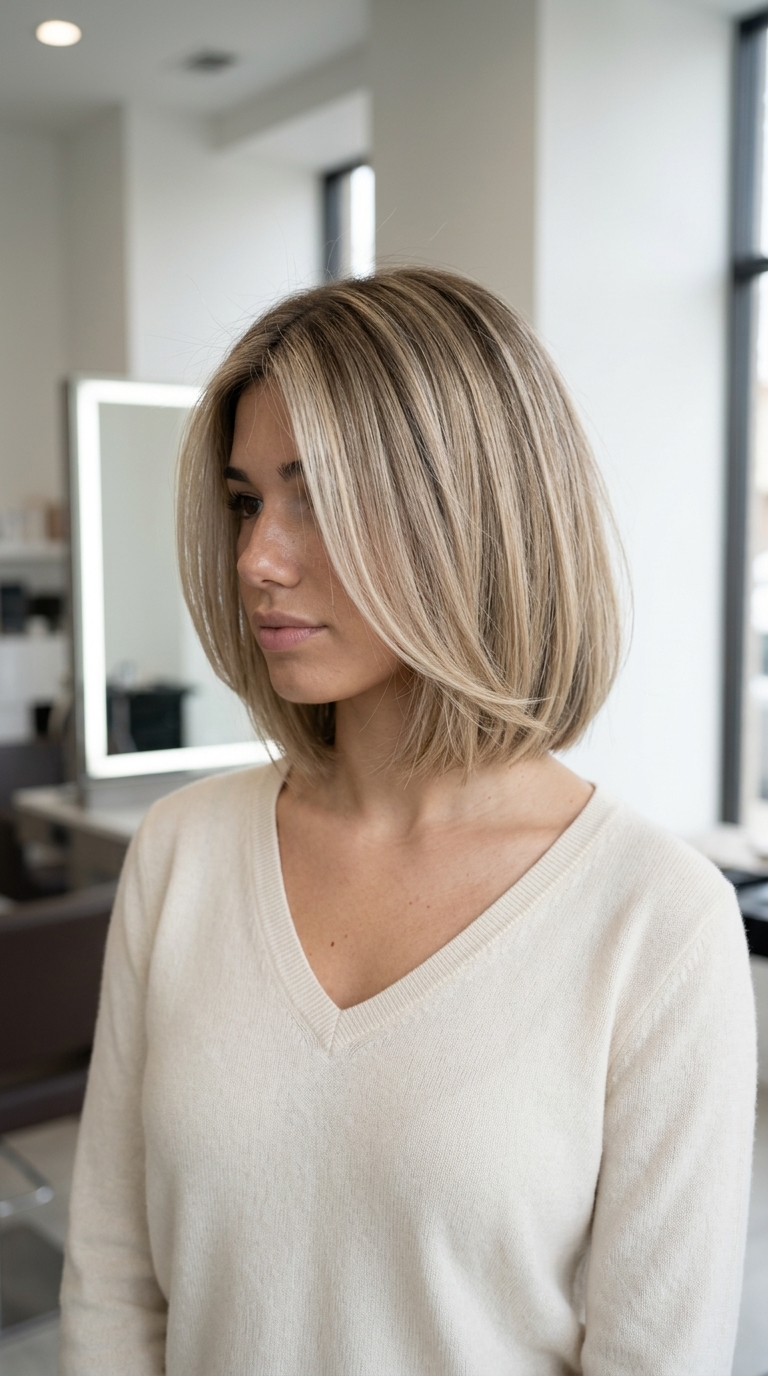 chin-length Italian bob haircut with linen blonde balayage and ghost layers for vacation