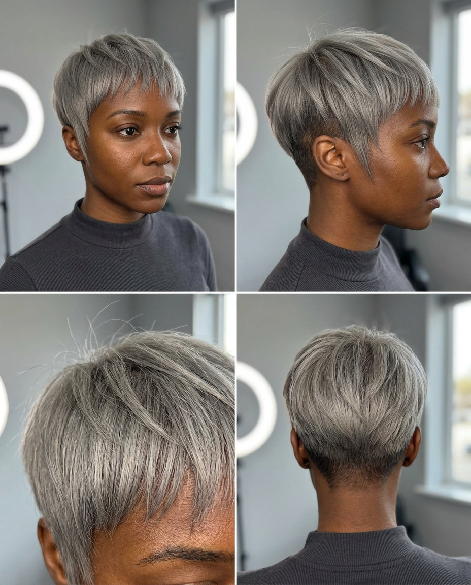 short pixie haircut in linen grey with micro-fringe, textured layers and undercut — edgy high-fashion