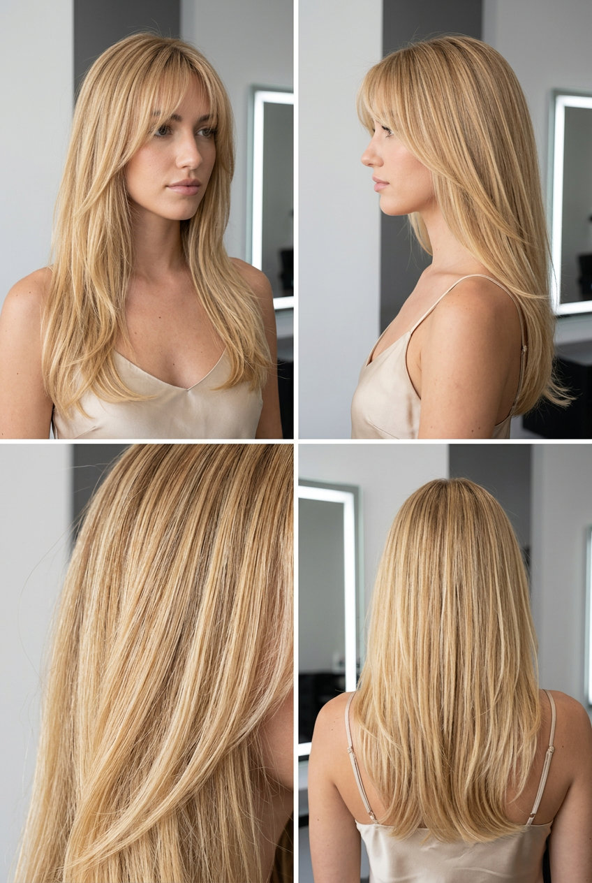 long luminous golden blonde hair with Birkin bangs and soft layers for summer