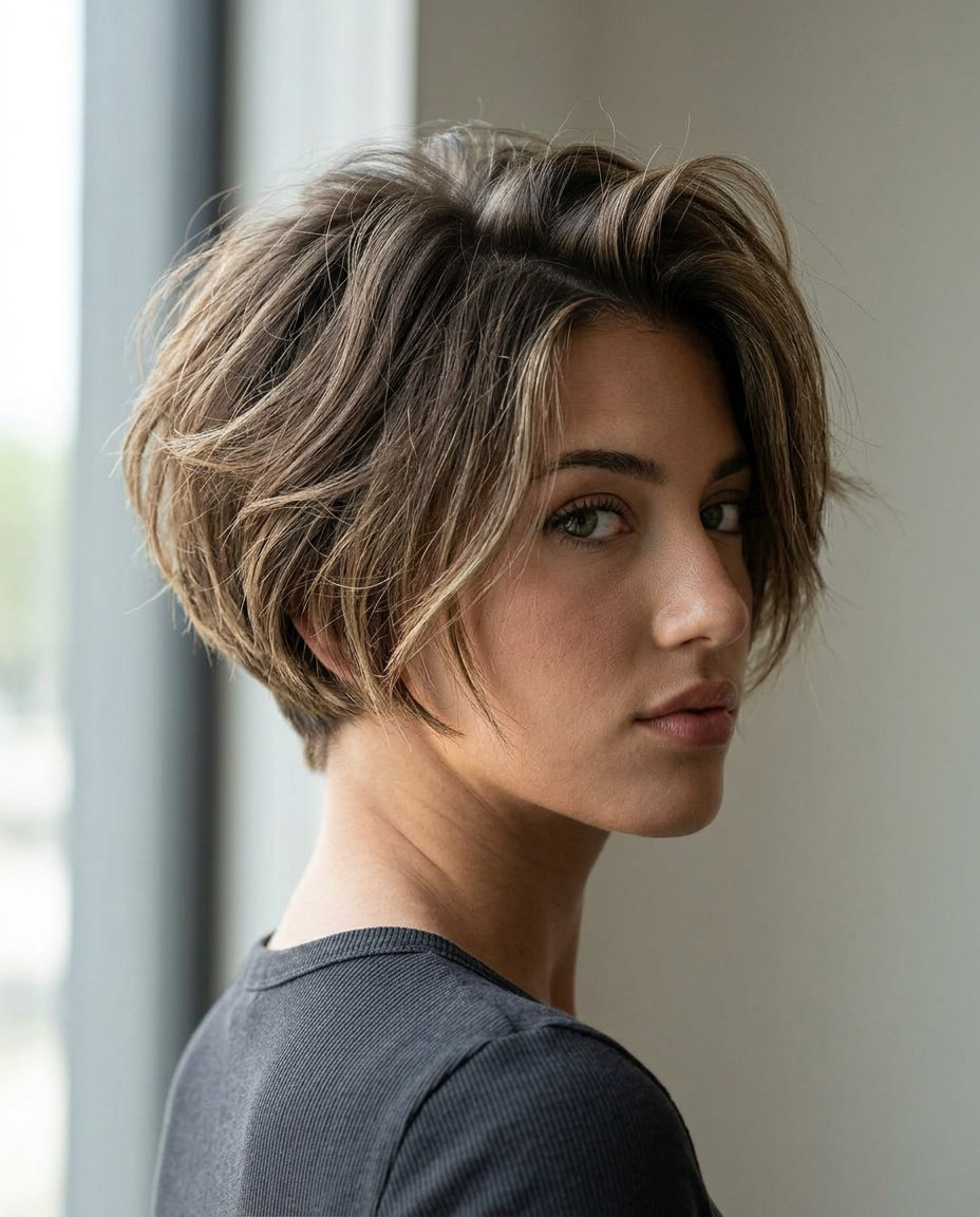 short magenta bixie haircut with plum root shadow, textured layers, undercut nape — edgy festival look
