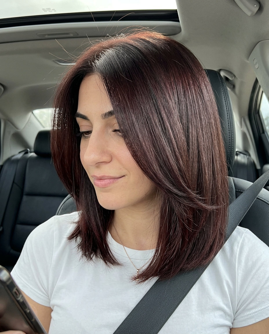 collarbone-length layered bob in deep mahogany brown with red-violet undertones for summer