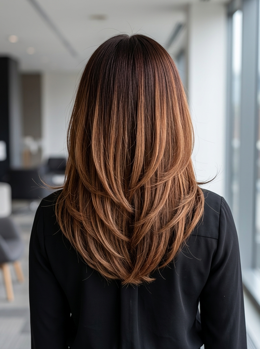 long mahogany brown color melt with mahogany root to copper-brown ribbons, partial foilayage/teasylight, no fringe — professional sophisticated