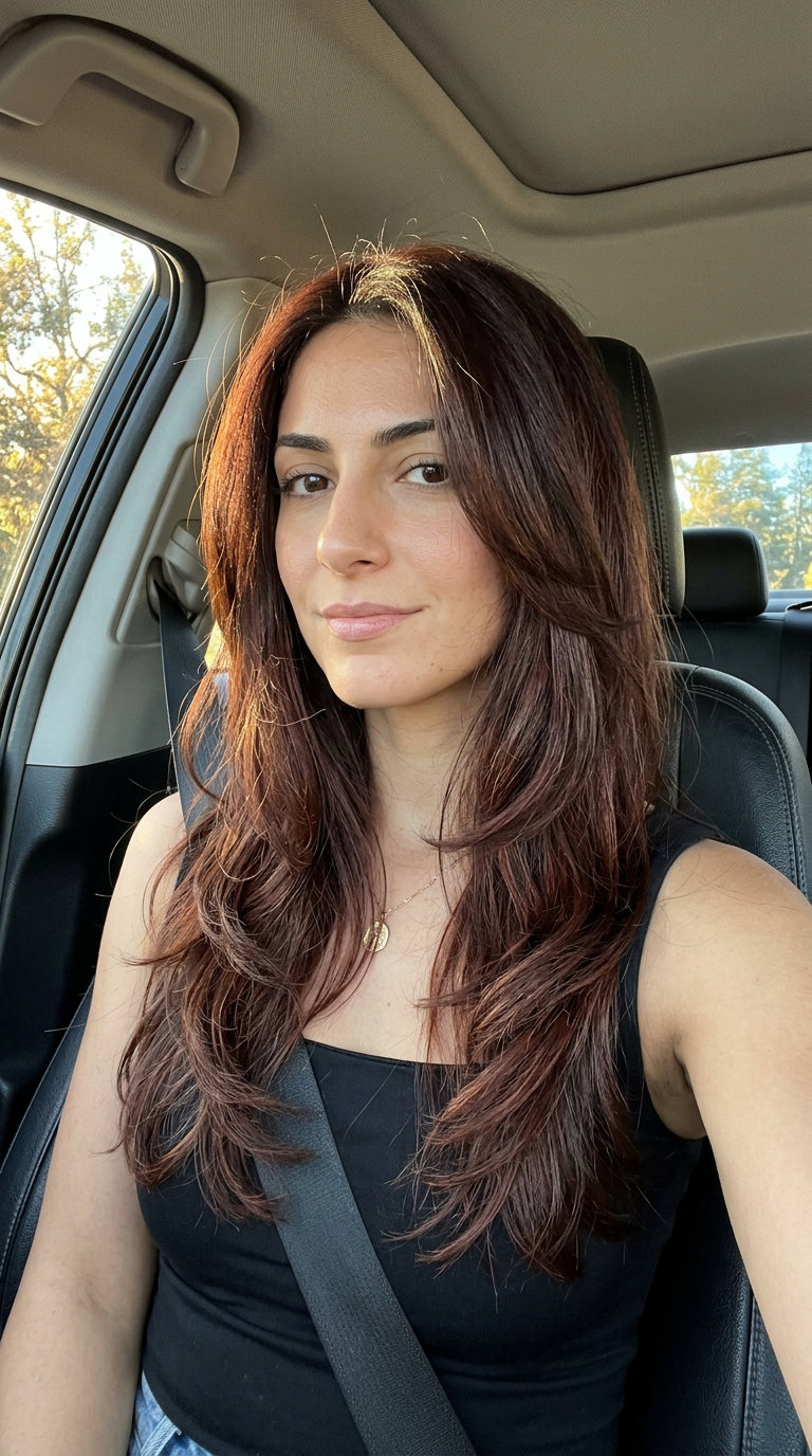 long mahogany brown wavy haircut with auburn lowlights and elongated layers for date nights