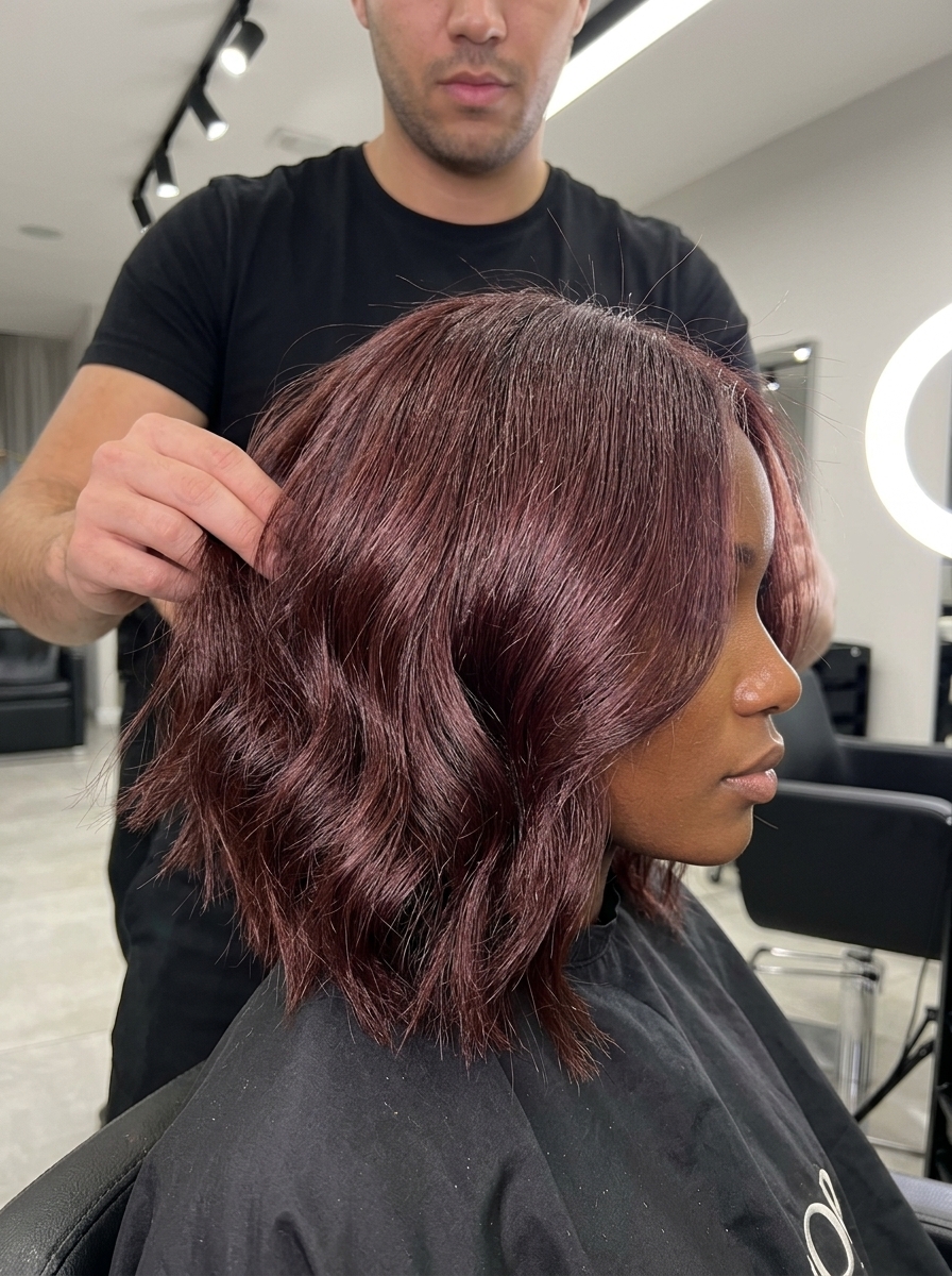 collarbone-length textured bob haircut with deep mahogany, warm auburn undertones, face-framing layers — elegant formal look