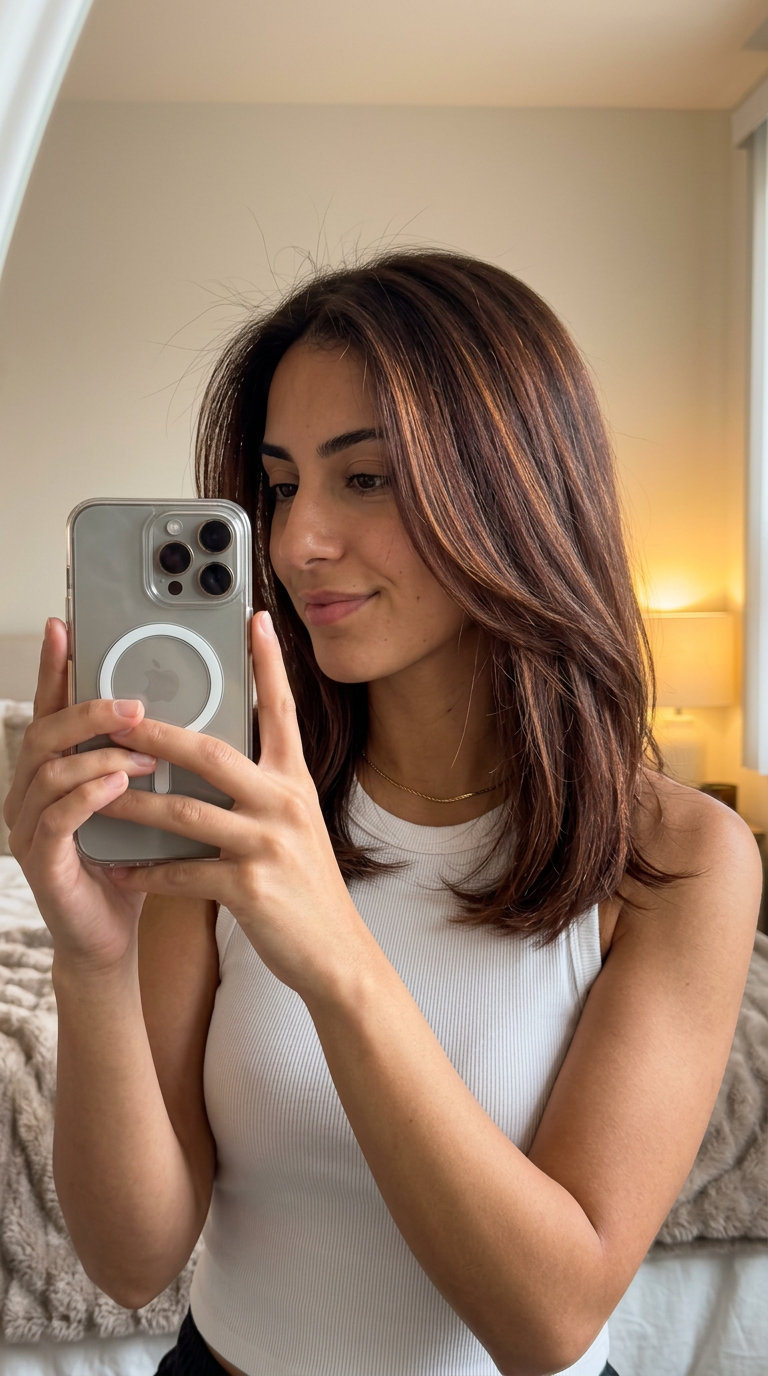 long mahogany air touch balayage with copper-red highlights, warm blend — romantic date night